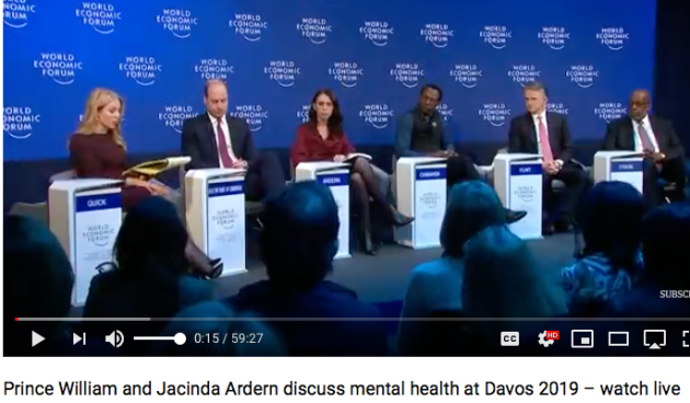 weforum Prince William aka HRH Duke of Cambridge, Prime Minister of New Zealand and Labor Party leader Jacinda Ardern, Dr. Dixon Chibanda of Zimbabwe discuss mental health and friendship bench